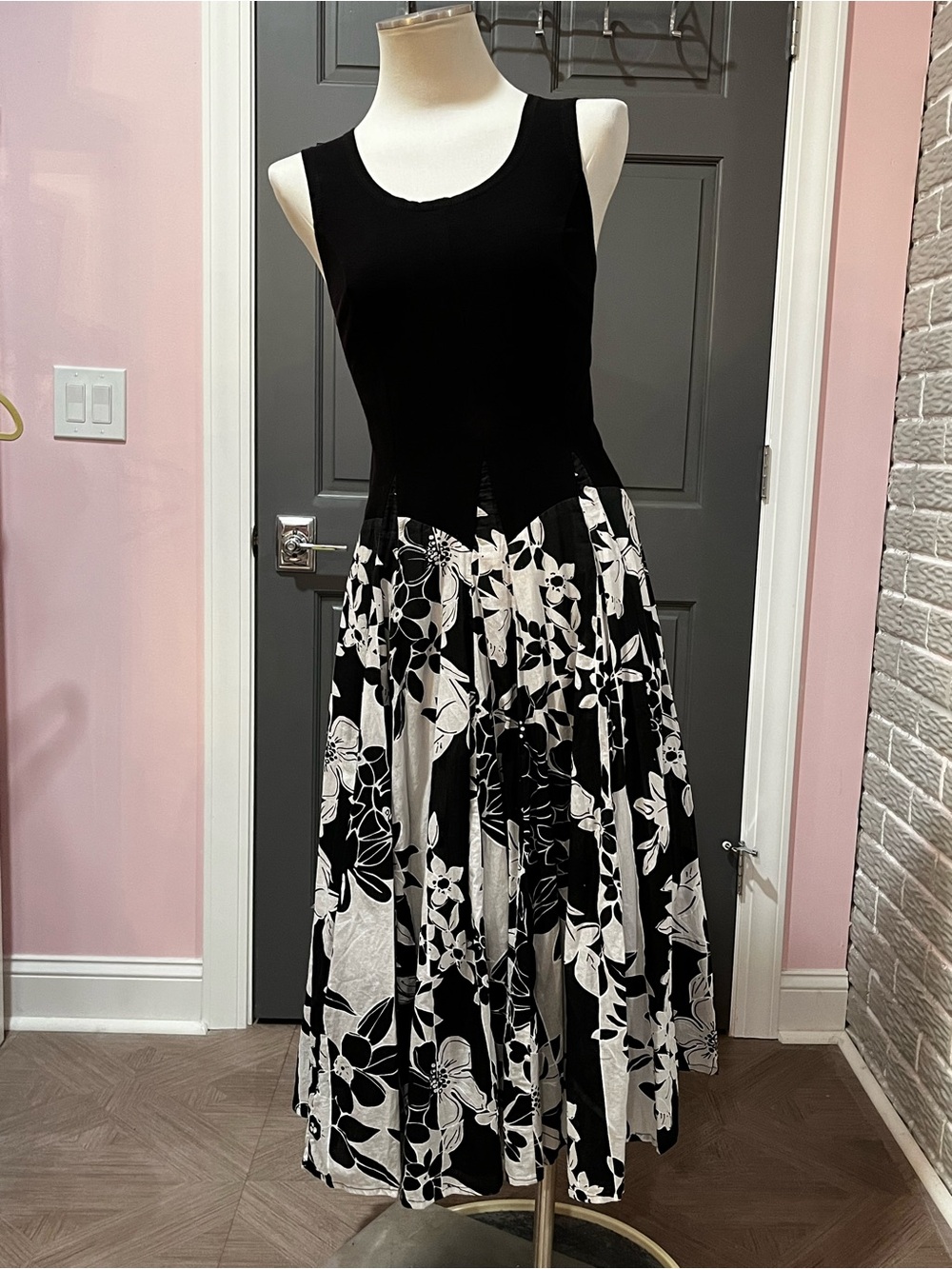 Mixed Media Midi Dress, Solid Knit Top/Woven Floral Bottom - Picture 3 of 13